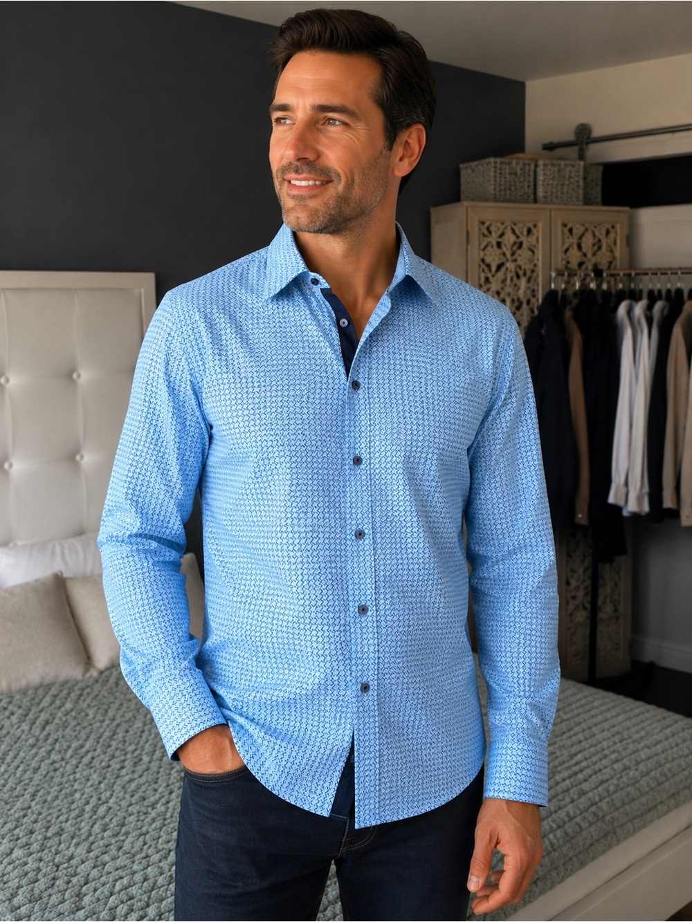 English Laundry Men’s Blue Chevron Geometric Long Sleeve Button-Up Shirt XXL